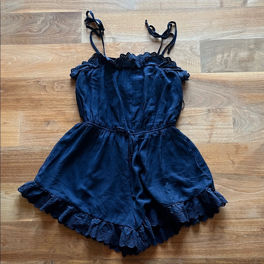 Navy Blue Lace Trim Romper with Adjustable Straps
